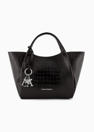 Black Emporio Armani Shopper Bag With Mock-croc Finish And Logo Charm | EA-SN57406