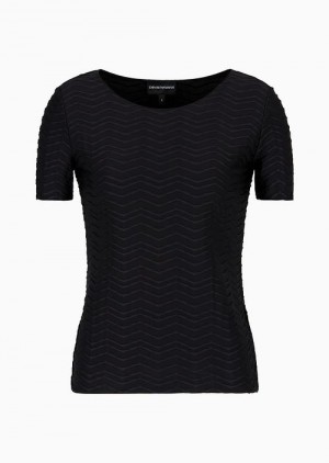 Black Emporio Armani Short-sleeved Jersey Jumper With Embossed Waves Motif | EA-SN57024