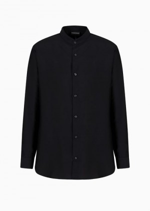 Black Emporio Armani Silk Blend Modal Shirt With Guru Collar | EA-SN57919