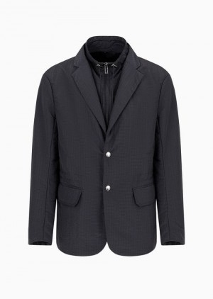 Black Emporio Armani Single-breasted Jacket With Full-zip Detachable Inner Panel In Lightweight Nylon Seersucker | EA-SN57836