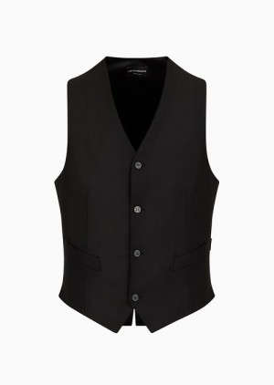 Black Emporio Armani Single-breasted, Worsted Virgin-wool Gilet | EA-SN57816