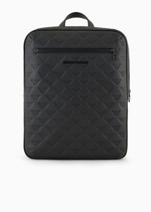 Black Emporio Armani Slim Leather Backpack With All-over Embossed Eagle | EA-SN59029