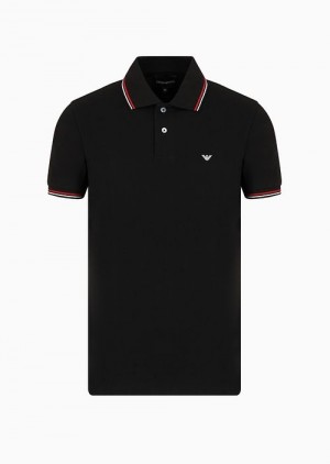 Black Emporio Armani Slim-fit Stretch Piqué Polo Shirt With Micro Eagle | EA-SN58470