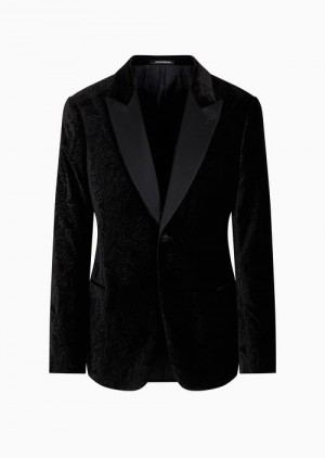 Black Emporio Armani Slim-fit Velvet Tuxedo Jacket With All-over Printed Motif | EA-SN57794