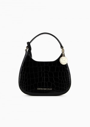 Black Emporio Armani Small Mock Croc Hobo Bag | EA-SN57381