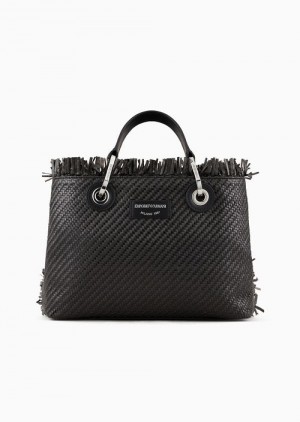 Black Emporio Armani Small Myea Bag Woven Straw Shopper Bag | EA-SN57236