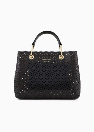 Black Emporio Armani Small Myea Shopper Bag With Perforated Motif | EA-SN57243