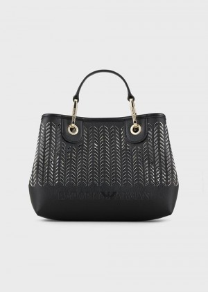 Black Emporio Armani Small Myea Shopper Bag With Perforated Chevron Motif | EA-SN57279