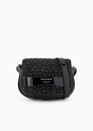 Black Emporio Armani Small Shoulder Bag In Rhinestone-covered Satin With Flap And Logo Gusset | EA-SN57241