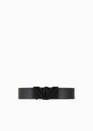 Black Emporio Armani Smooth Leather Belt With Eagle Plate | EA-SN57441