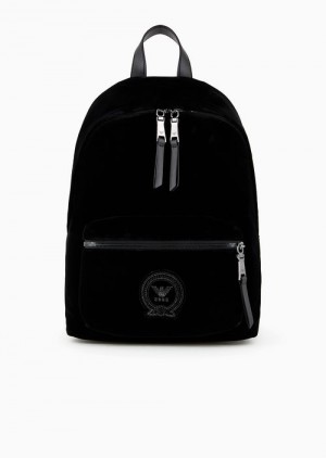 Black Emporio Armani Soho Capsule Collection Round Backpack In Velvet With Embroidery | EA-SN59015