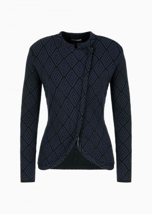 Black Emporio Armani Stretch Knit Jacket With Diagonal Zip And Jacquard Diamond Motif | EA-SN56477