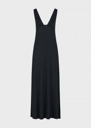 Black Emporio Armani Stretch-viscose V-neck Long Beach Dress | EA-SN57075