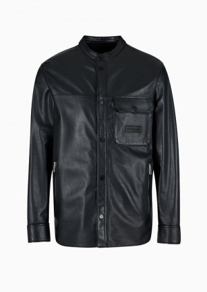 Black Emporio Armani Supple Lambskin Nappa Leather Shirt-jacket With Guru Collar And Pocket | EA-SN58189