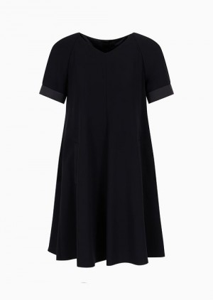 Black Emporio Armani Tech Cady Flared Dress With Satin Insert | EA-SN56548