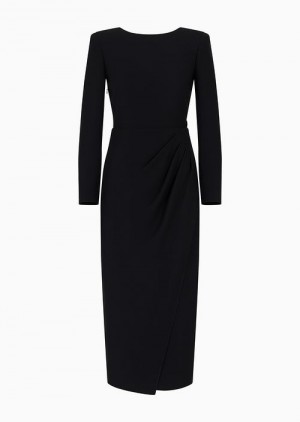 Black Emporio Armani Techno Cady Midi Dress With Side Draping | EA-SN56547