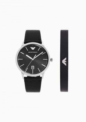 Black Emporio Armani Three-hand Date Black Leather Watch And Bracelet Set | EA-SN59345