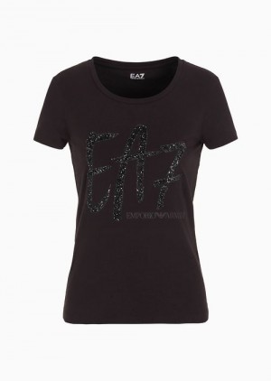 Black Emporio Armani T-shirt Girocollo Logo Series Crossover In Cotone Stretch Con Stampa | EA7-SN59640