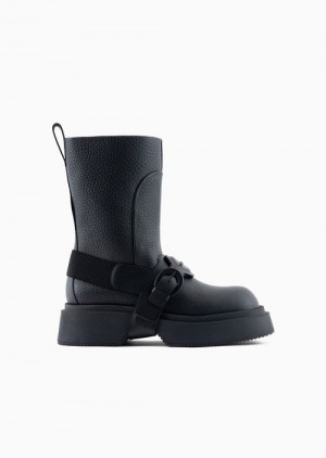 Black Emporio Armani Tumbled Leather Ankle Boots With Straps | EA-SN58840