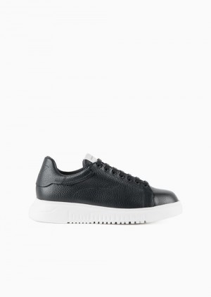 Black Emporio Armani Tumbled Leather Sneakers | EA-SN58962