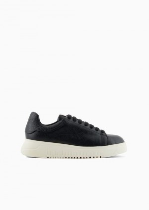 Black Emporio Armani Tumbled Leather Sneakers | EA-SN57178