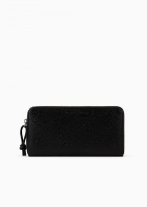 Black Emporio Armani Tumbled Leather Wallet With Wrap-around Zip | EA-SN59285