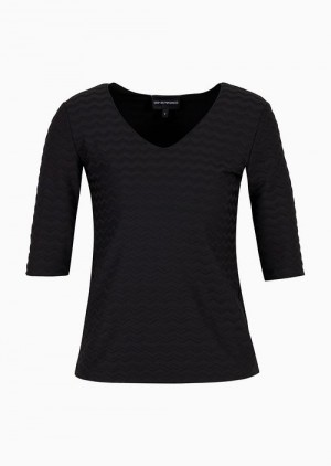 Black Emporio Armani Two-way Stretch Jacquard Jersey V-neck Jumper With Three-quarter Length Sleeves | EA-SN57042