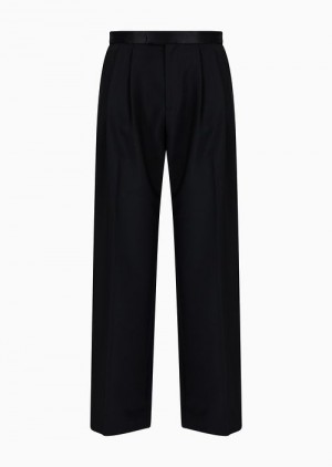 Black Emporio Armani Virgin-wool Two-way Stretch Canvas Trousers With Godet Pleats | EA-SN58382