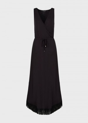 Black Emporio Armani Viscose Long Beach Dress With Fringing | EA-SN56544