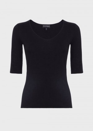 Black Emporio Armani Viscose Stretch Jersey Jumper With Three-quarter Length Sleeves | EA-SN57051