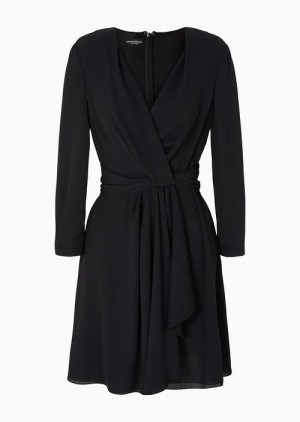 Black Emporio Armani V-neck Dress In Sandblasted Fabric With Draping | EA-SN56519