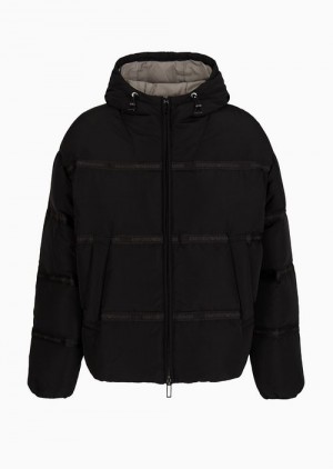 Black Emporio Armani Water-repellent Hooded Down Jacket In Nylon Ottoman With Jacquard Logo Tape | EA-SN58212