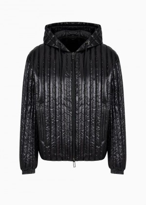 Black Emporio Armani Water-repellent Hooded Nylon Down Jacket With Vertical Quilting | EA-SN58224