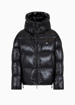 Black Emporio Armani Water-repellent Hooded Down Jacket In Quilted Nylon | EA-SN58230