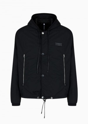 Black Emporio Armani Water-repellent, Lightweight Ripstop-nylon Hooded Blouson In A Micro-check Pattern | EA-SN58194