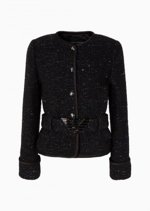 Black Emporio Armani Wool-blend, Lurex-tweed Belted Jacket | EA-SN56430