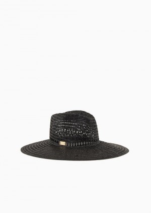 Black Emporio Armani Woven, Perforated Paper Yarn Wide-brimmed Hat | EA-SN57478