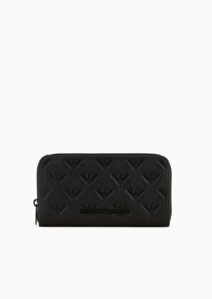 Black Emporio Armani Zip-around Leather Wallet With All-over Embossed Eagle | EA-SN59307