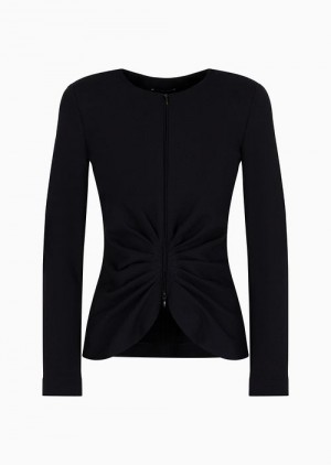 Black Emporio Armani Zipped Jacket With Gathering In Milano-stitch Fabric | EA-SN56428