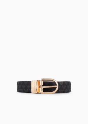 Black Logo Emporio Armani All-over Eagle Two-toned Reversible Belt | EA-SN57452