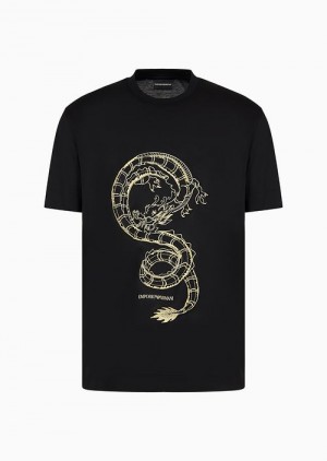 Black Logo Emporio Armani Asv Lunar New Year Lyocell-blend Jersey T-shirt With Dragon Embroidery | EA-SN58774