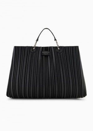 Black Logo Emporio Armani Asv Medium Myea Shopper Bag In Pleated, Recycled Faux Nappa Leather | EA-SN57414