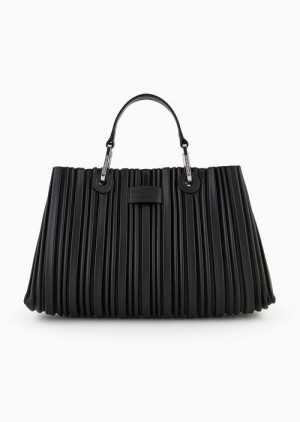 Black Logo Emporio Armani Asv Myea Small Shopper Bag In Pleated, Recycled Faux Nappa Leather | EA-SN57413