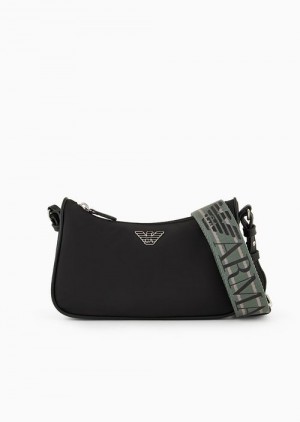 Black Logo Emporio Armani Asv Recycled Nylon Baguette Bag With Eagle Plaque | EA-SN57362