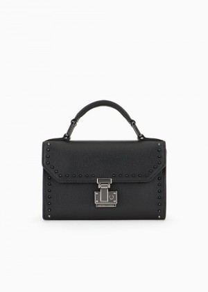 Black Logo Emporio Armani Horizontal Pebbled Leather Tech Case With Shoulder Strap And Studs | EA-SN59260