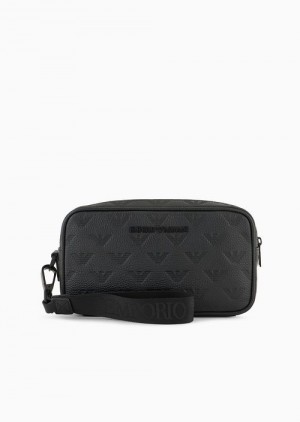 Black Logo Emporio Armani Leather Washbag With All-over Embossed Eagle | EA-SN59263