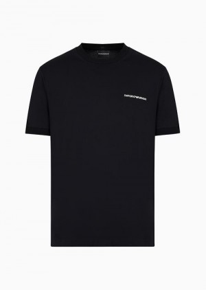 Black Logo Emporio Armani Lightweight Jersey T-shirt With Logo Embroidery And Ribbed Trim | EA-SN58730