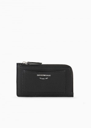 Black Logo Emporio Armani Myea Deer-print Card Holder With Wrap-around Zip | EA-SN57634