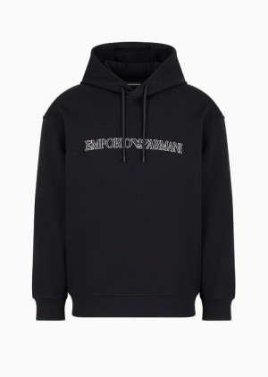 Black Logo Emporio Armani Oversized Double-jersey Hooded Sweatshirt With Logo Embroidery Trim | EA-SN58542