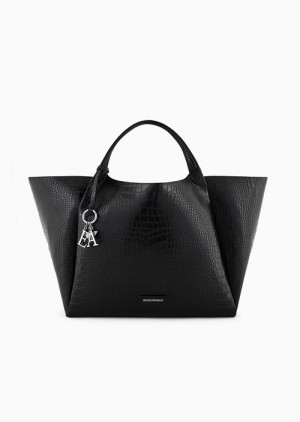 Black Logo Emporio Armani Oversized Shopper Bag With Mock-croc Finish And Logo Charm | EA-SN57405